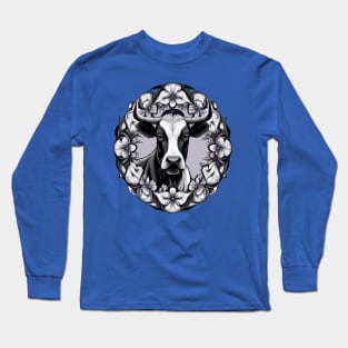 Dairy Cow Surrounded By A Wreath Of Wood Violet Tattoo Style Art Long Sleeve T-Shirt